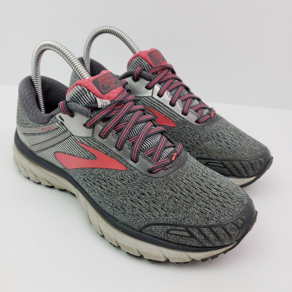 Brooks Adrenaline GTS 18 Womens Size 7 Gray Pink Running Sneaker Shoes 1202681B0